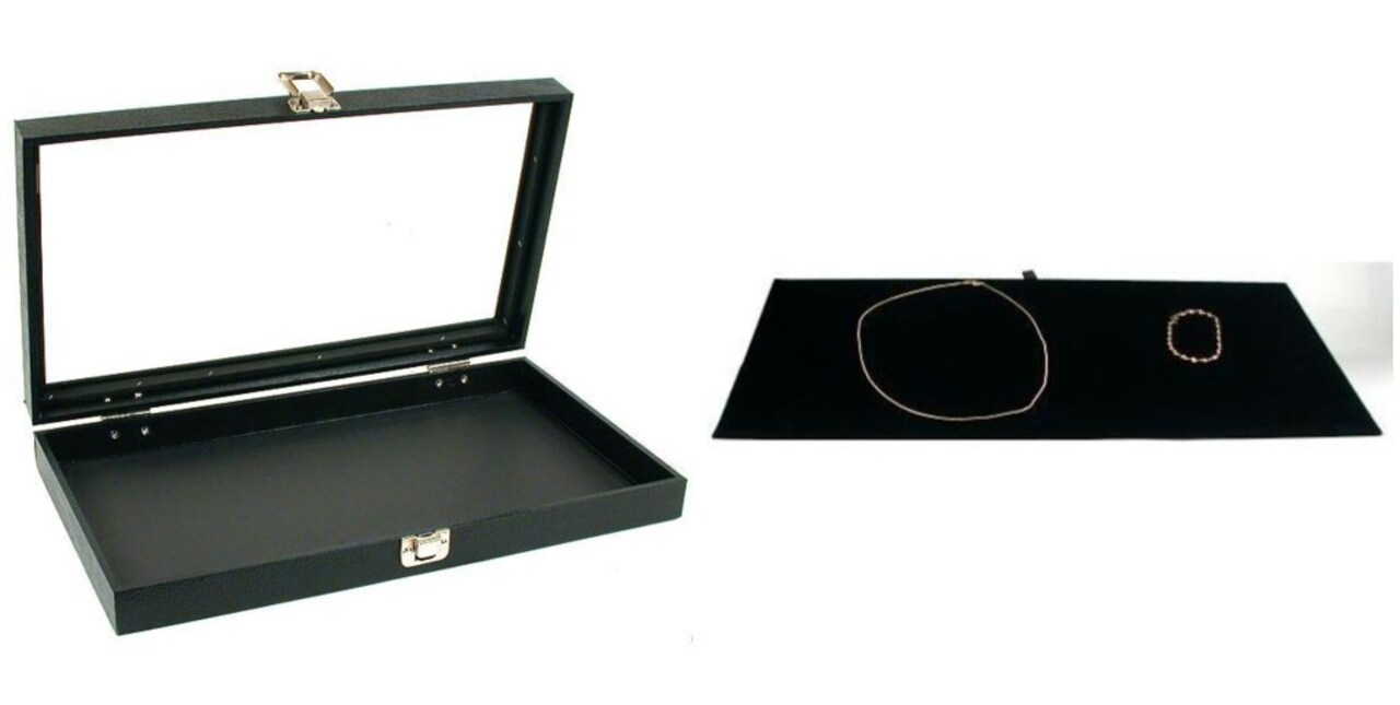 Black Glass Top Jewelry Case w/ Black Velvet Display Insert (Single metal latch)
